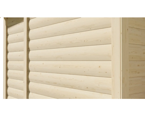 Detailansicht einer Holzwand aus hellen Blockbohlen