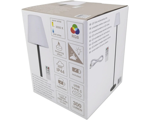 Verpackung einer LED Solar Aussenstehleuchte mit technischen Details wie warmweisses Licht, 3000 Kelvin, RGB Farbmodus, Flackereffekt, Schutzart IP44, inklusive USB Type C Ladeanschluss und 300 Lumen Lichtstärke