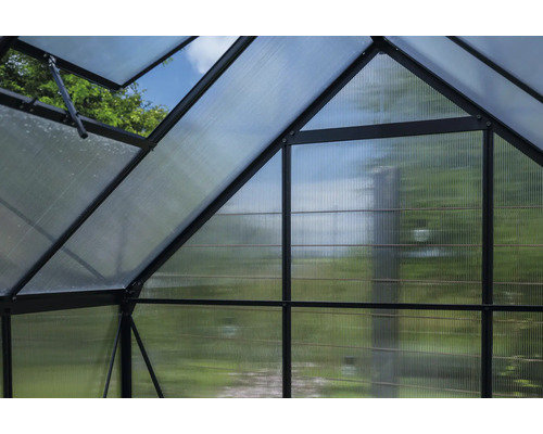 Detailansicht eines Gewächshausdachs mit Polycarbonatplatten und einem geöffneten Fenster