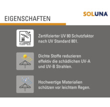 Soluna Produkteigenschaften: zertifizierter UV Schutzfaktor 80 nach UV Standard 801, dichte Stoffe reduzieren UV-A und UV-B Strahlen, hochwertige Materialien schützen vor leichtem Regen.