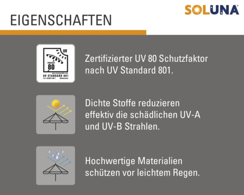 Soluna Produkteigenschaften: zertifizierter UV Schutzfaktor 80 nach UV Standard 801, dichte Stoffe reduzieren UV-A und UV-B Strahlen, hochwertige Materialien schützen vor leichtem Regen.