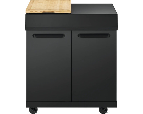 Schwarzer Grillschrank mit Holzschneidebrett