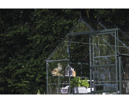 Gewächshaus mit Dekorationen wie einer Ente und Pflanzen