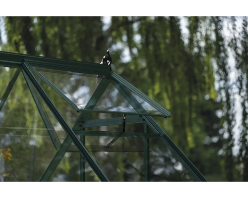 Detailansicht eines Gewächshauses mit Dachfenster zur Belüftung