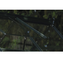 Detailansicht eines Gewächshauses mit geöffnetem Fenster zur Belüftung.