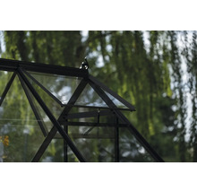 Detailansicht eines Gewächshauses mit Glas und Metallrahmen.