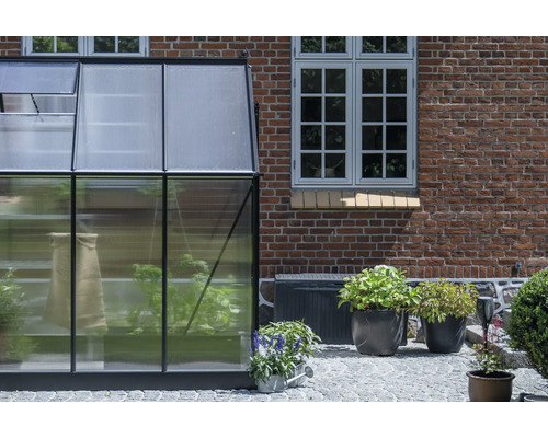 Gewächshaus mit Pflanzen neben einem Backsteingebäude