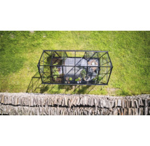 Ansicht von oben eines Gewächshauses auf einer Wiese