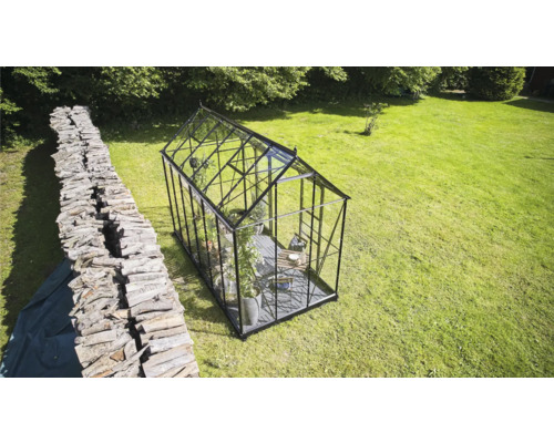 Gewächshaus mit Glas und Metallrahmen im Garten