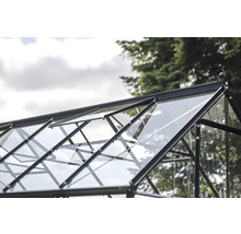 Detailansicht des Dachs eines Gewächshauses mit Glasfenstern