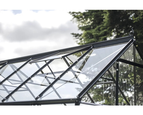 Detailansicht des Dachs eines Gewächshauses mit Glasfenstern