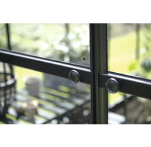 Detailaufnahme eines Gewächshausfensters mit runden Beschlägen