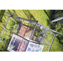 Ansicht von oben eines Gewächshauses mit Pflanzen und Zubehör im Garten