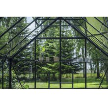 Gewächshaus mit Regalen und Pflanzenzubehör vor grüner Natur