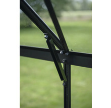 Detailansicht eines Gewächshausfensters mit schwarzem Rahmen