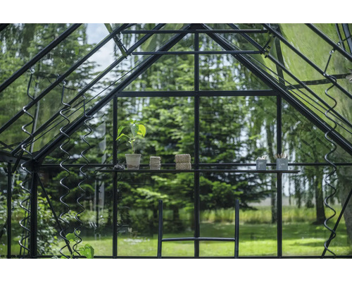 Gewächshaus mit Regalen und Pflanzenzubehör vor grüner Natur