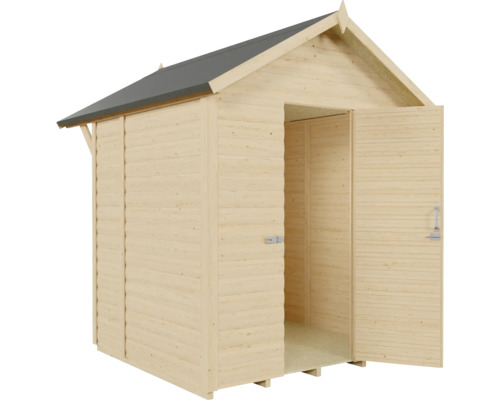Gartenhaus aus Holz mit offenstehender Doppeltür