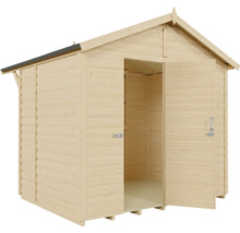 Holzgartenhaus mit geöffneten Türen