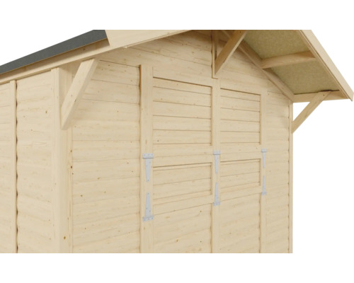 Detailansicht eines Gartenhauses mit Holzwänden und Fensterläden