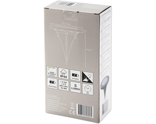 Verpackung einer LED Solar Bodenleuchte mit Durchmesser und weiteren Produktinformationen