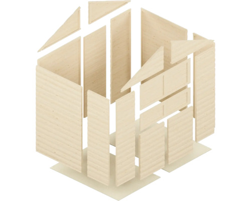 Holzbausatz für ein Gartenhaus mit verschiedenen Holzteilen.