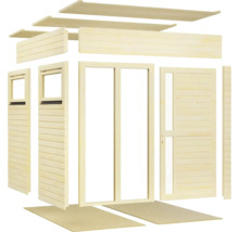 Einzelteile eines Gartenhauses aus Holz