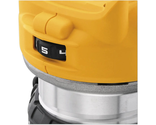 Detailansicht einer Oberfräse mit Drehknopf zur Geschwindigkeitsregulierung.