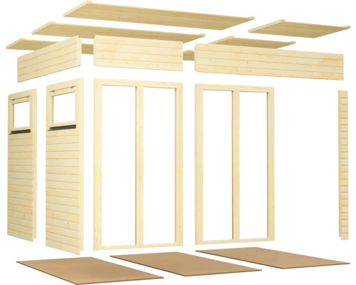 Einzelteile eines Gerätehauses aus Holz