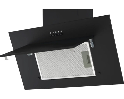 Schwarze Dunstabzugshaube mit geöffneter Klappe und Filter