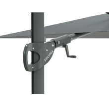 Detailansicht eines Sonnenschirms mit Kurbelmechanismus und Soluna Logo.