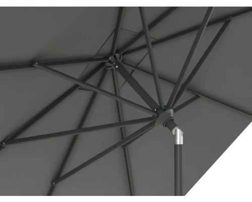 Detailansicht eines Sonnenschirms, der die Streben und die Mechanik zeigt