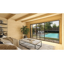 Holzhaus-Interieur mit Wohnbereich, Regalen und Blick auf den Pool im Garten