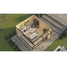 Ansicht eines Gartenhauses mit Lounge-Bereich, Regalen, Terrasse und gepflastertem Außenbereich.