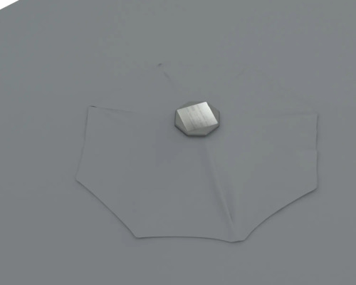 Detailaufnahme eines Sonnenschirms mit Stoffbespannung und Befestigungselement.