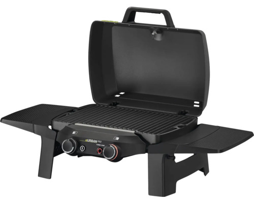 Offener Gasgrill mit zwei Brennern und zwei Ablagetischen