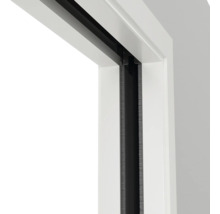 Detailansicht eines weißen Türrahmens mit schwarzer Laufschiene