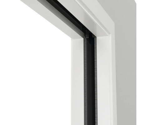 Detailansicht eines weißen Türrahmens mit schwarzer Laufschiene