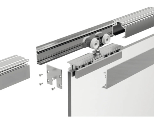 Details eines Schiebetürsystems mit Schiene, Rollen und Befestigungsmaterial