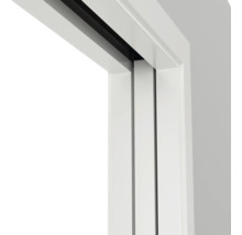 Detailansicht eines weißen Schiebetürrahmens mit schwarzer Schiene