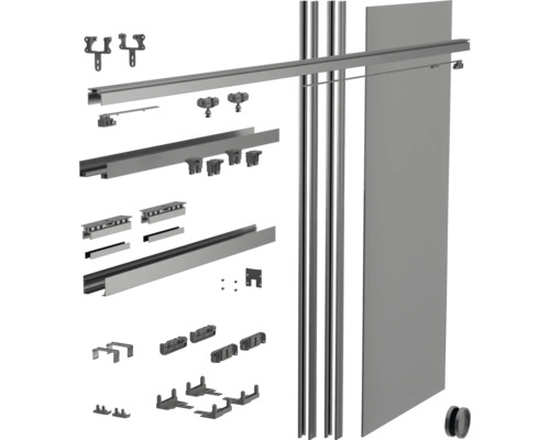 Baugruppe für Schiebetürsystem mit Türblatt, Schienen und Beschlägen