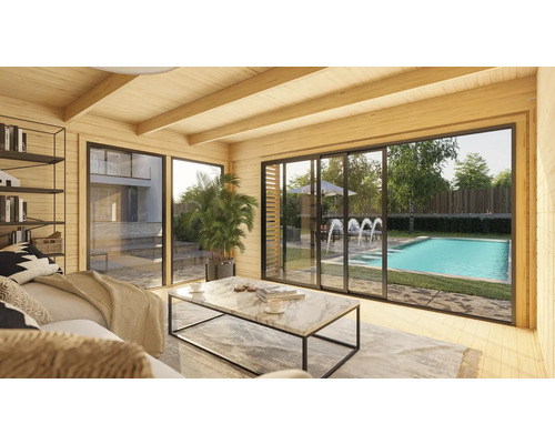 Helles Holzhaus mit großen Fensterfronten und Blick auf einen Pool