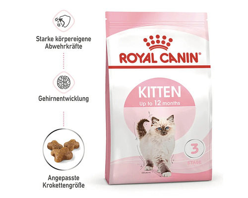 Royal Canin Logo. Packung Katzenfutter für Kitten bis 12 Monate.