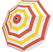 Gestripter Sonnenschirm mit gelben, roten und weißen Streifen von unten