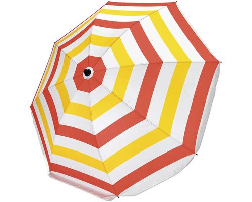 Gestripter Sonnenschirm mit gelben, roten und weißen Streifen von unten