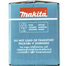 Makita Logo auf einer Produktverpackung mit Hinweisen zur Rückgabe und Handhabung