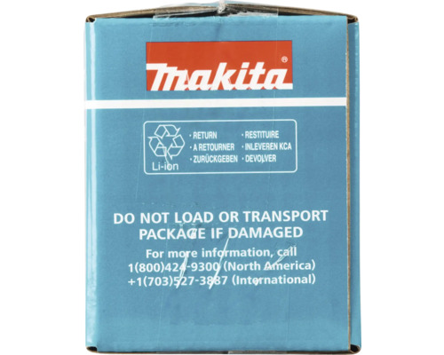 Makita Logo auf einer Produktverpackung mit Hinweisen zur Rückgabe und Handhabung