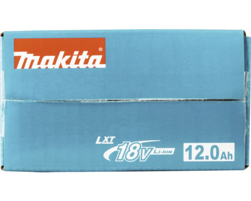 Makita Logo auf einer Verpackung für einen 18 Volt 12.0 Amperestunden Lithium-Ionen Akku