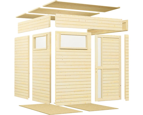 Einzelne Holzteile für ein Gartenhaus