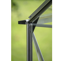Detailansicht eines Gewächshausrahmens aus Aluminium und Glas