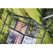 Draufsicht auf ein Gewächshaus mit Pflanzen und Gartenwerkzeugen auf einem Rasen